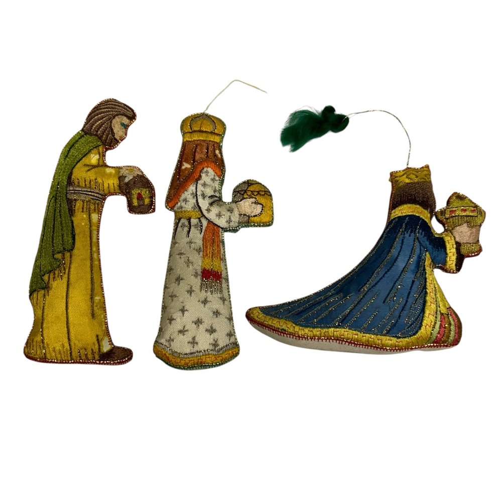 3 vintage Christmas ornaments wise men embroidered